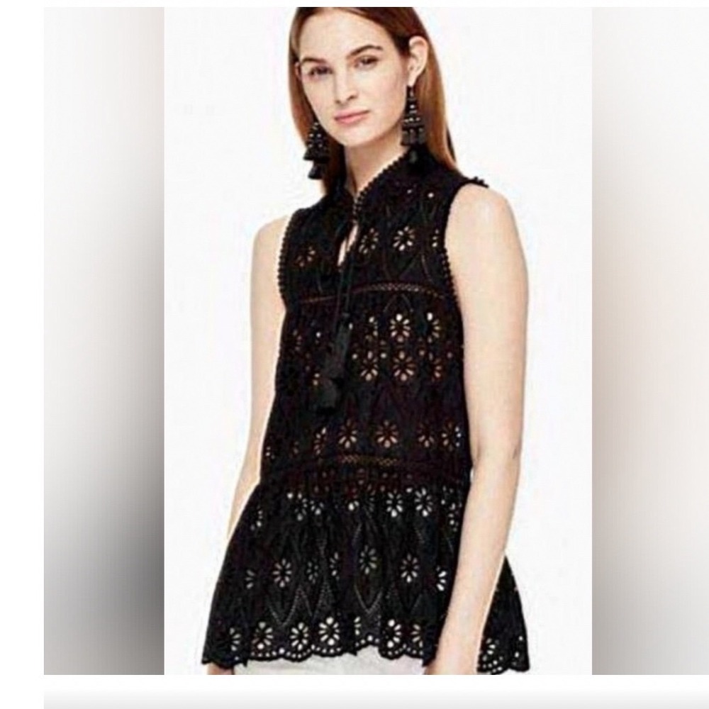 Kate Spade Spice‎ Things Up Top Black Eyelet Tassel Peplum Sleeveless Small